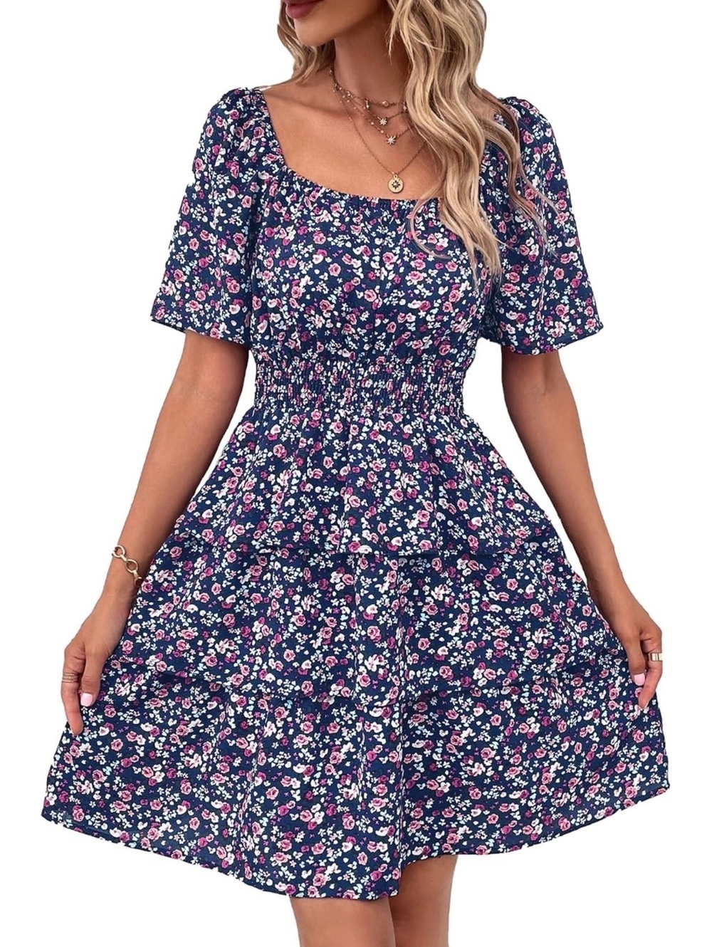 Women’s Pretty Garden Floral Smocked Ruffle Dress XL Pink Blue Floral